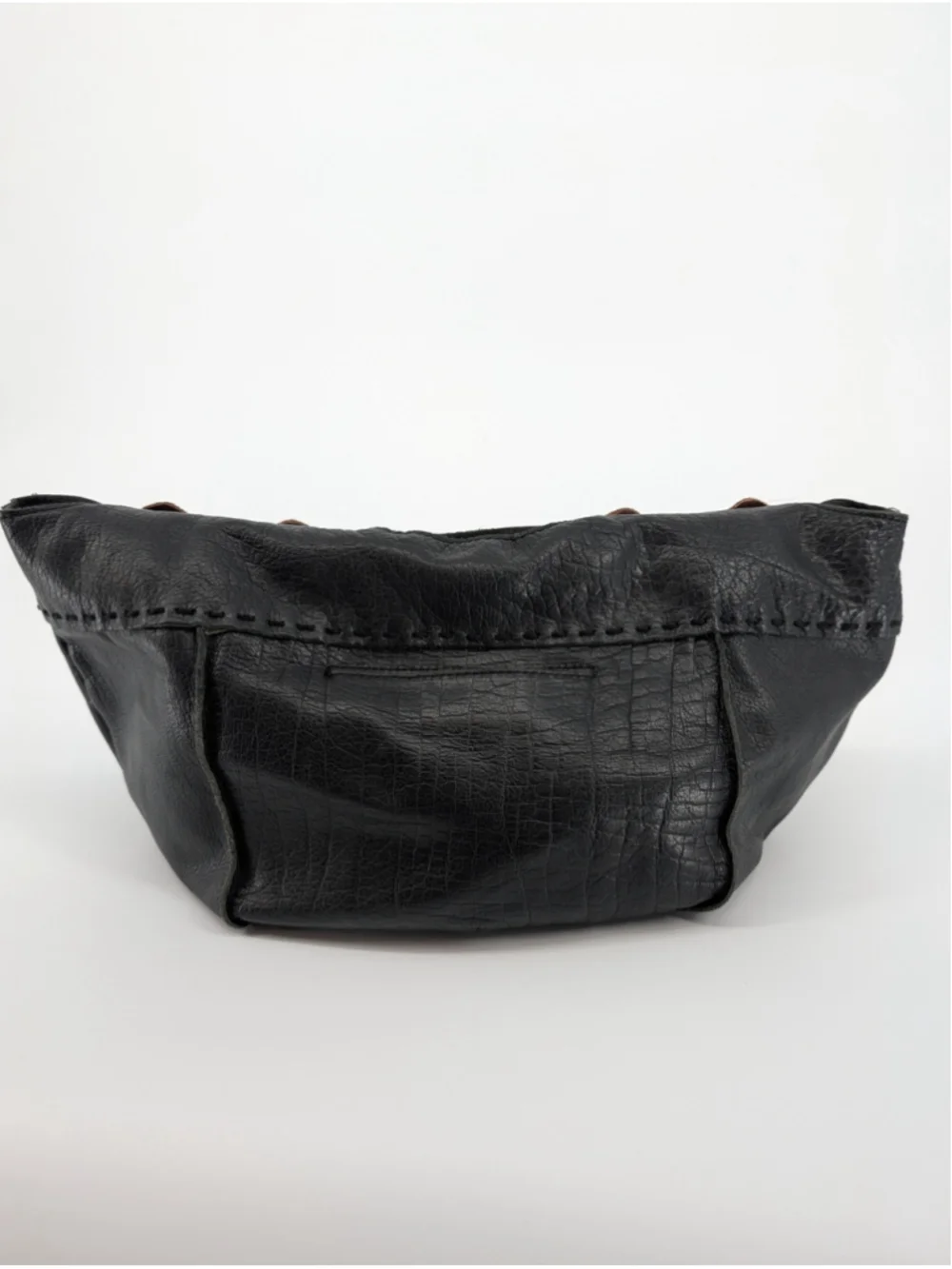 The Sak Black Crinkle Leather Hobo Shoulder Bag Brown Straps Whipstitch Boho